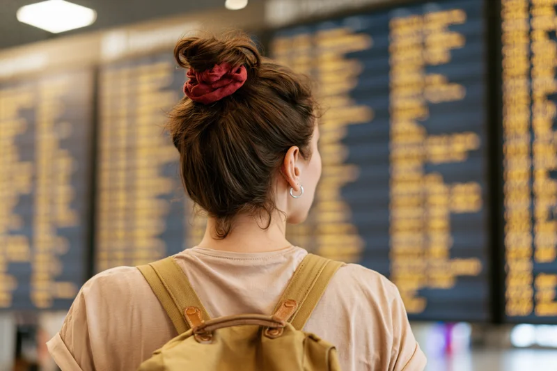 Woman with backpack looking at airport departure board
