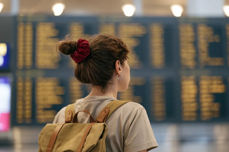 Woman with backpack looking at airport departure board