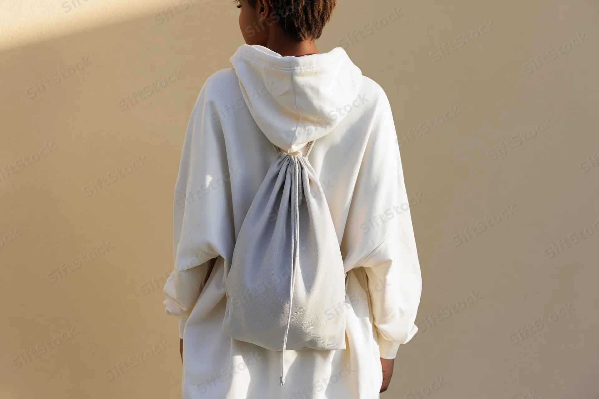 Woman from behind wearing white oversized hoodie with drawstring backpack against beige wall