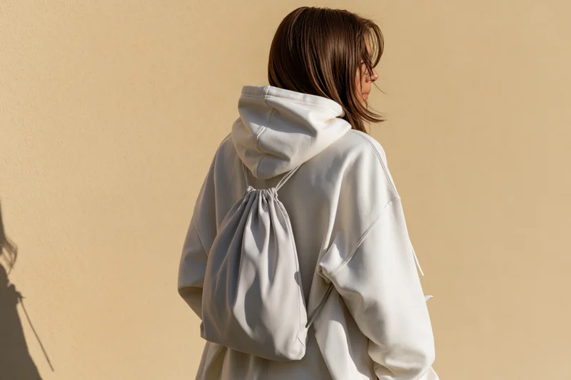 Young woman in white oversized hoodie with backpack walking outdoors against beige wall