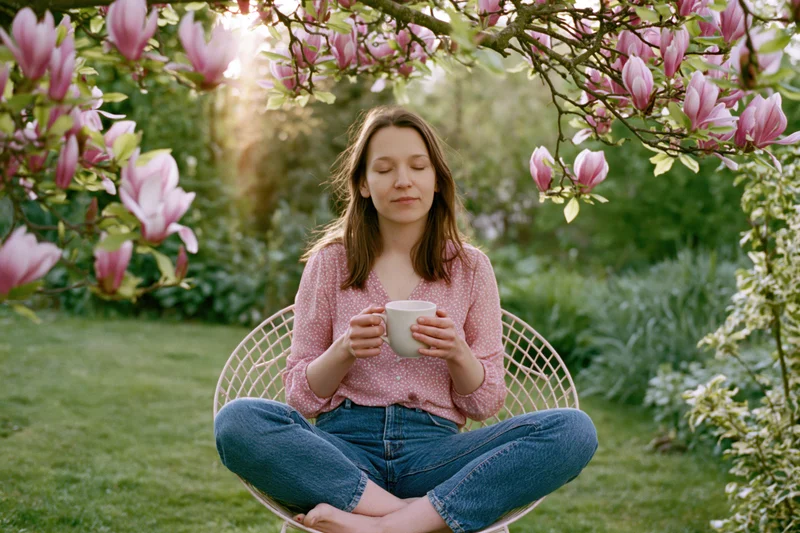 Woman sitting cross-legged in a round wire garden chair holding a mug under blooming magnolia trees in a garden