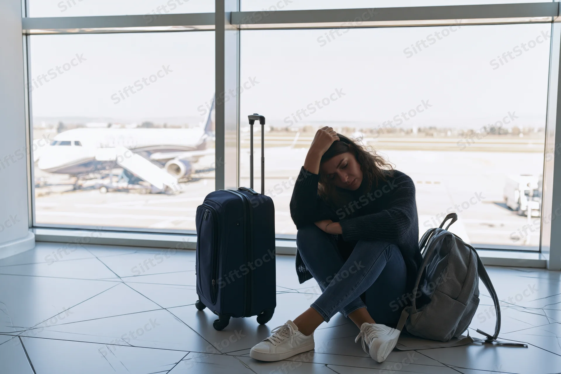 Woman sitting on airport terminal floor with hand on head, luggage beside her, looking out at airplane through large window