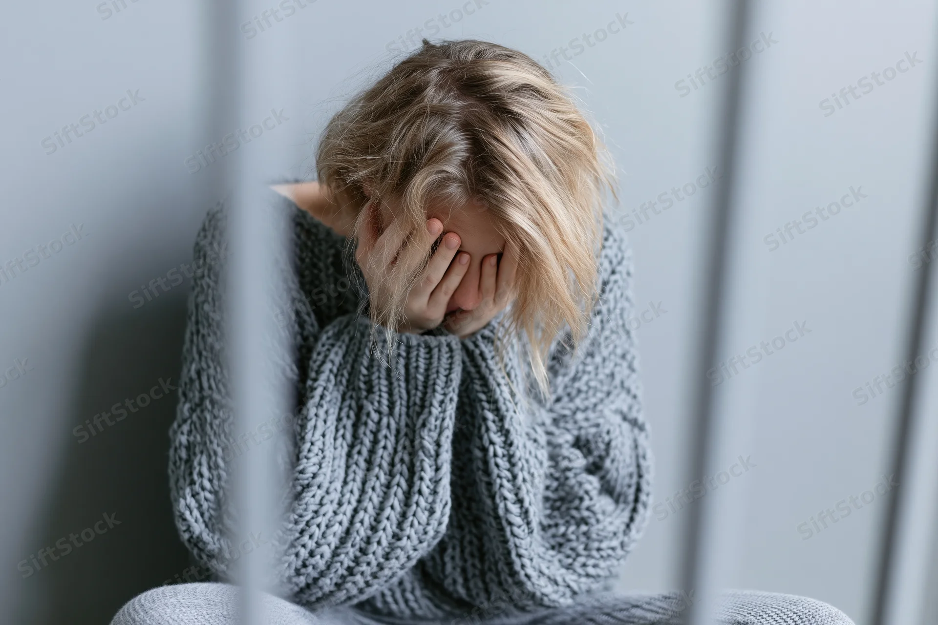 Young woman sitting on the floor against a grey wall with hands covering her face