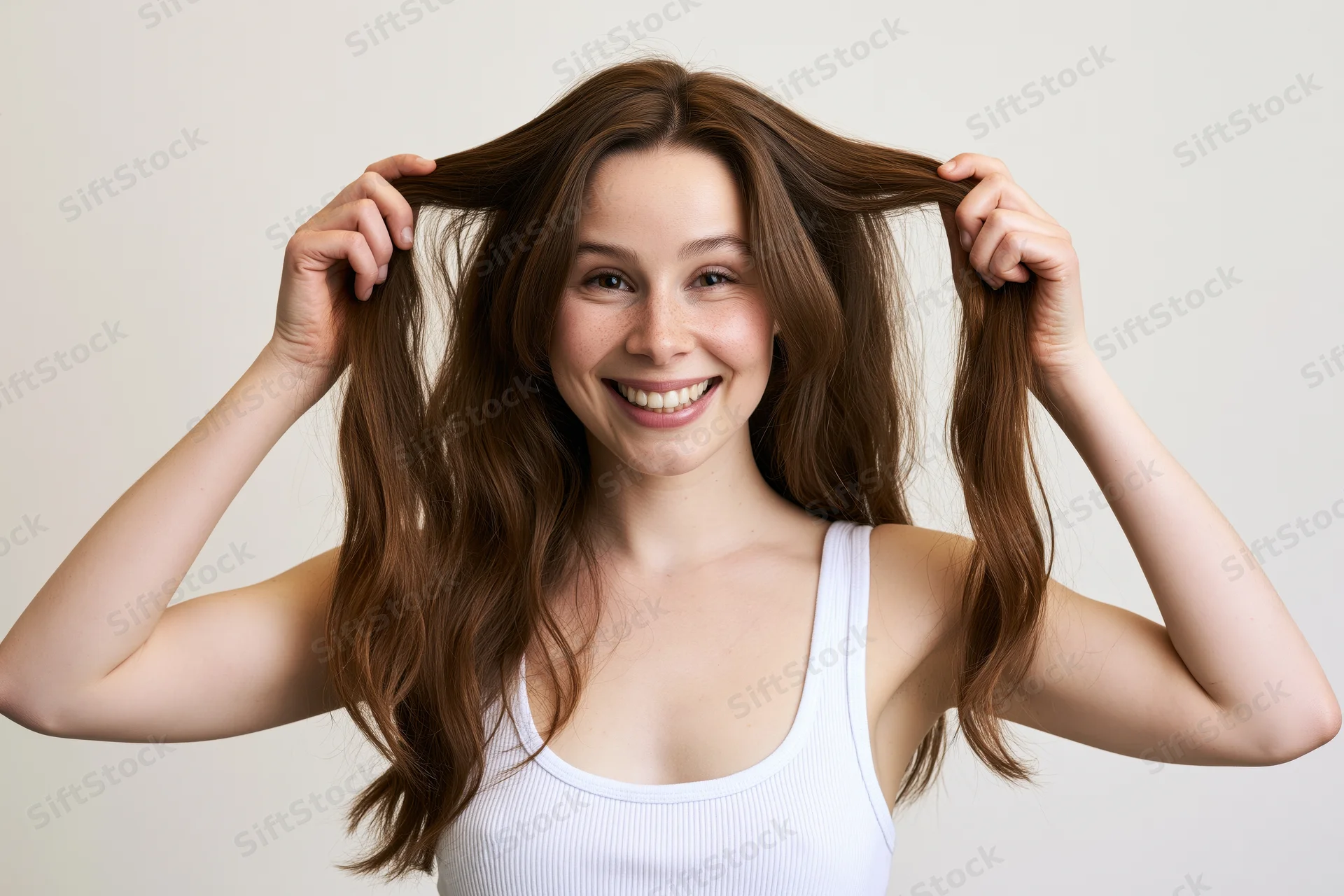 Young woman smiling while holding strands of her long brown hair in a studio portrait