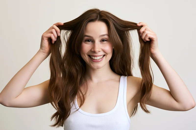 Young woman smiling while holding strands of her long brown hair in a studio portrait