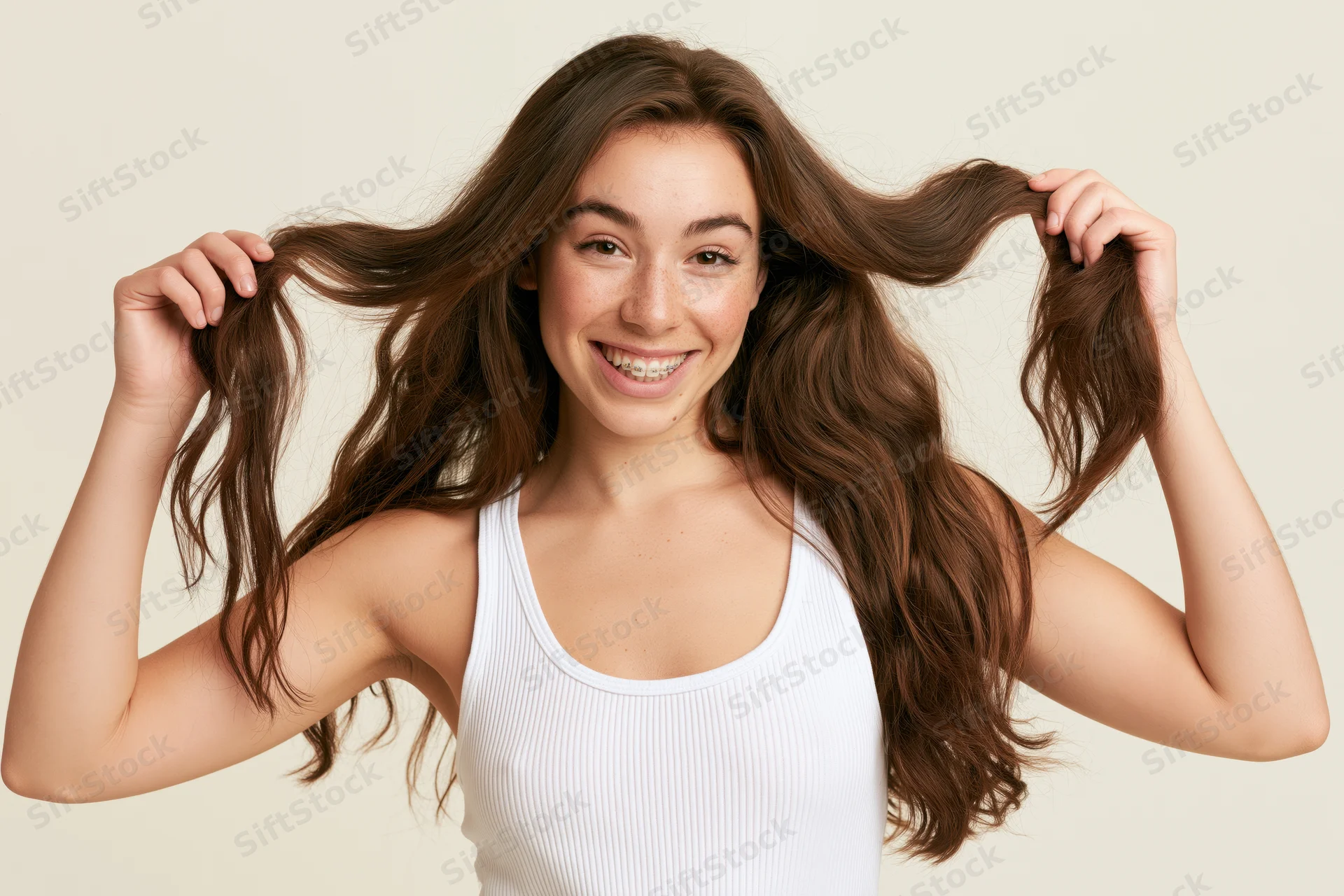 Young woman smiling while holding strands of her long brown hair in a studio portrait