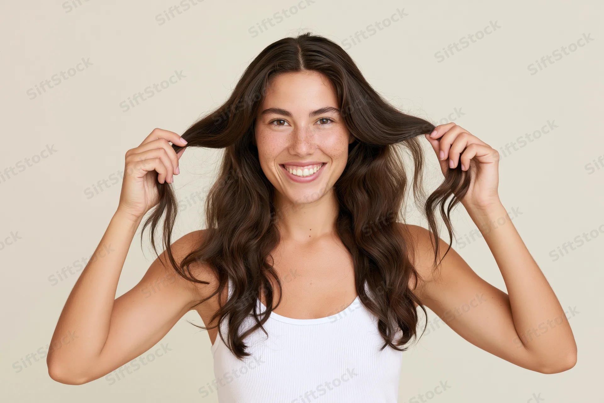 Woman smiling while holding strands of her long brown hair in a studio setting