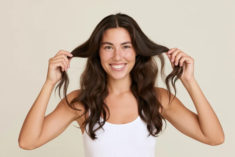 Woman smiling while holding strands of her long brown hair in a studio setting