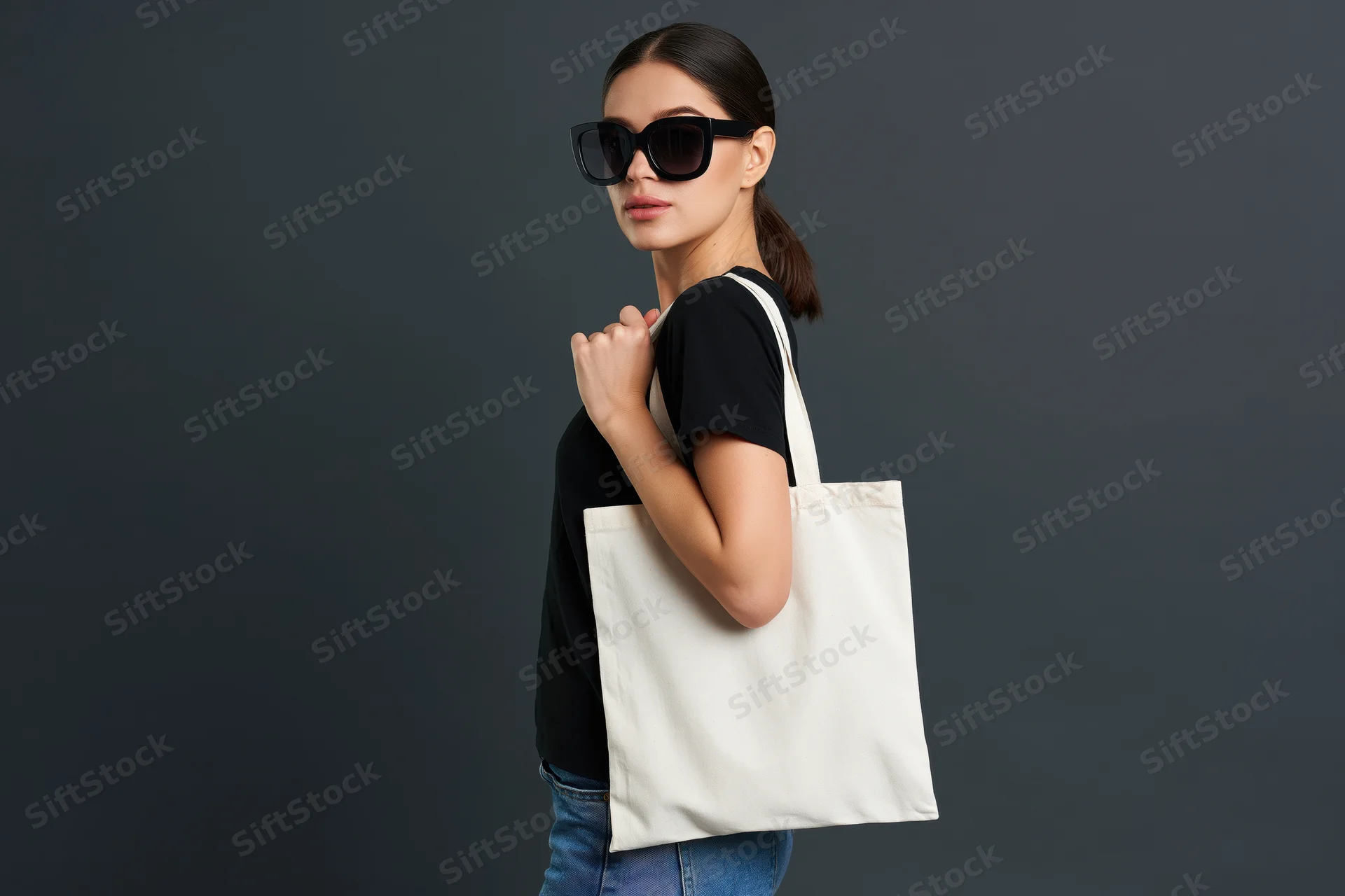 Woman in sunglasses holding a white tote bag against dark grey studio background