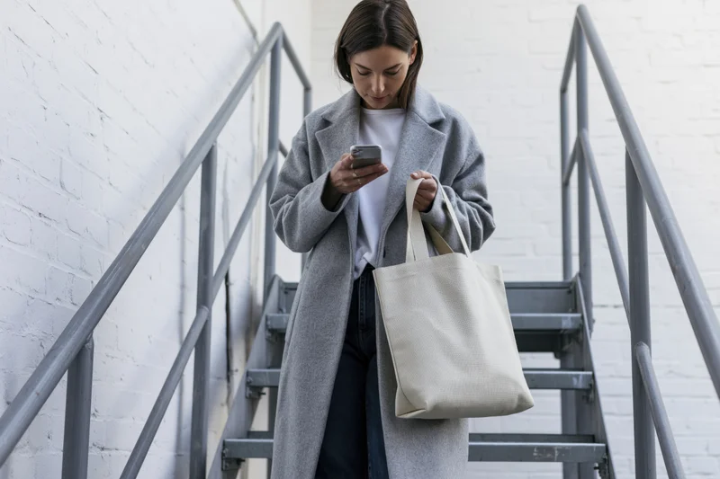 Woman walking down metal staircase while checking smartphone, carrying tote bag
