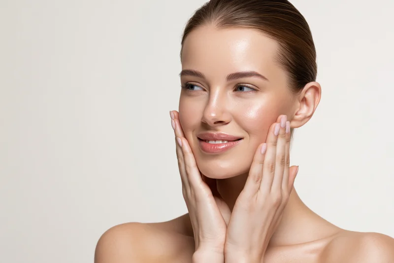 Young woman touching her face with both hands in a studio setting