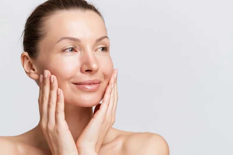 Woman touching her face with both hands in a studio setting