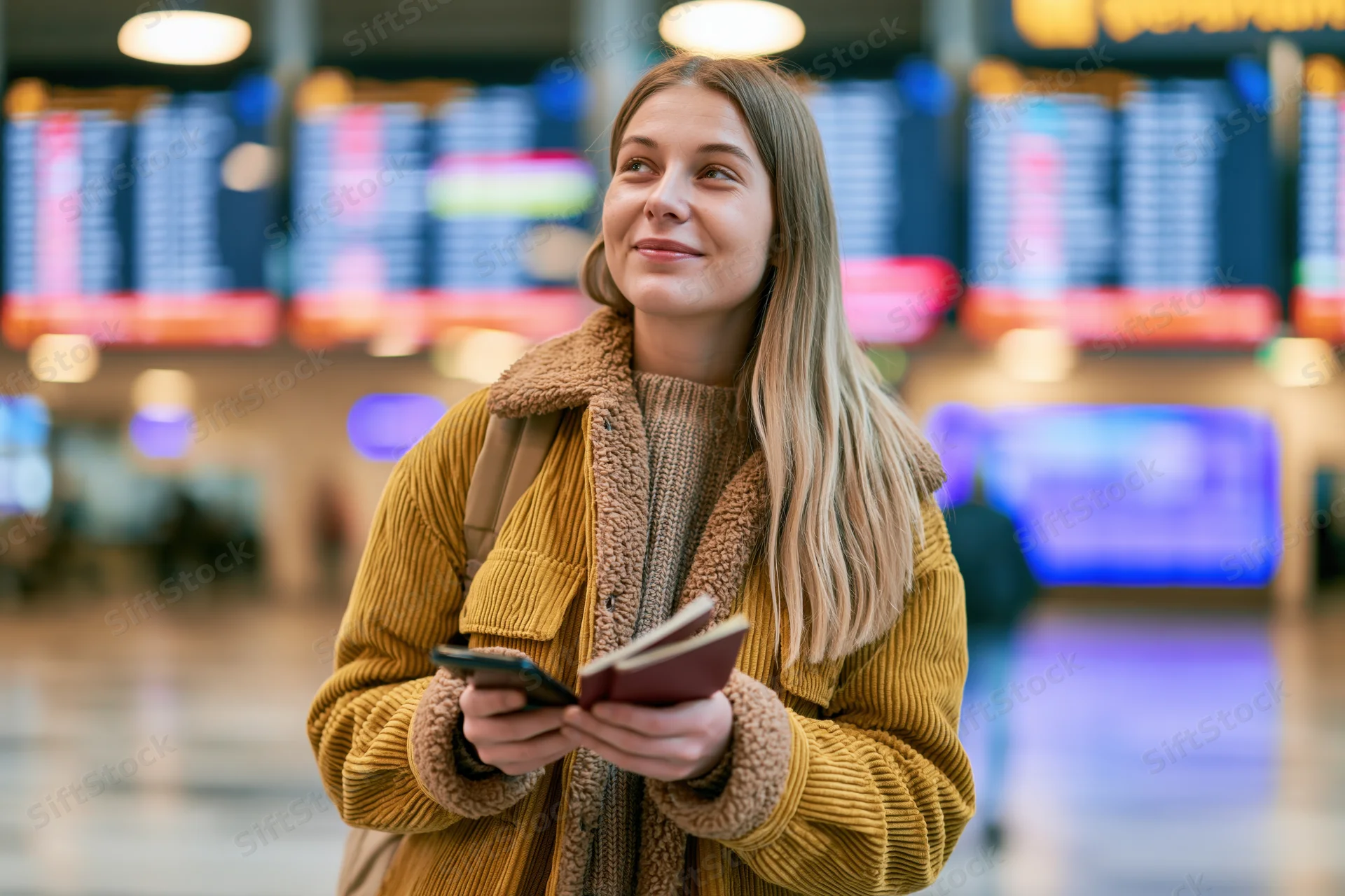 Young woman traveler smiling while holding smartphone and passport in airport terminal