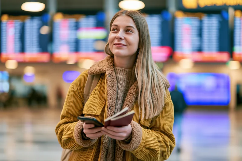 Young woman traveler smiling while holding smartphone and passport in airport terminal