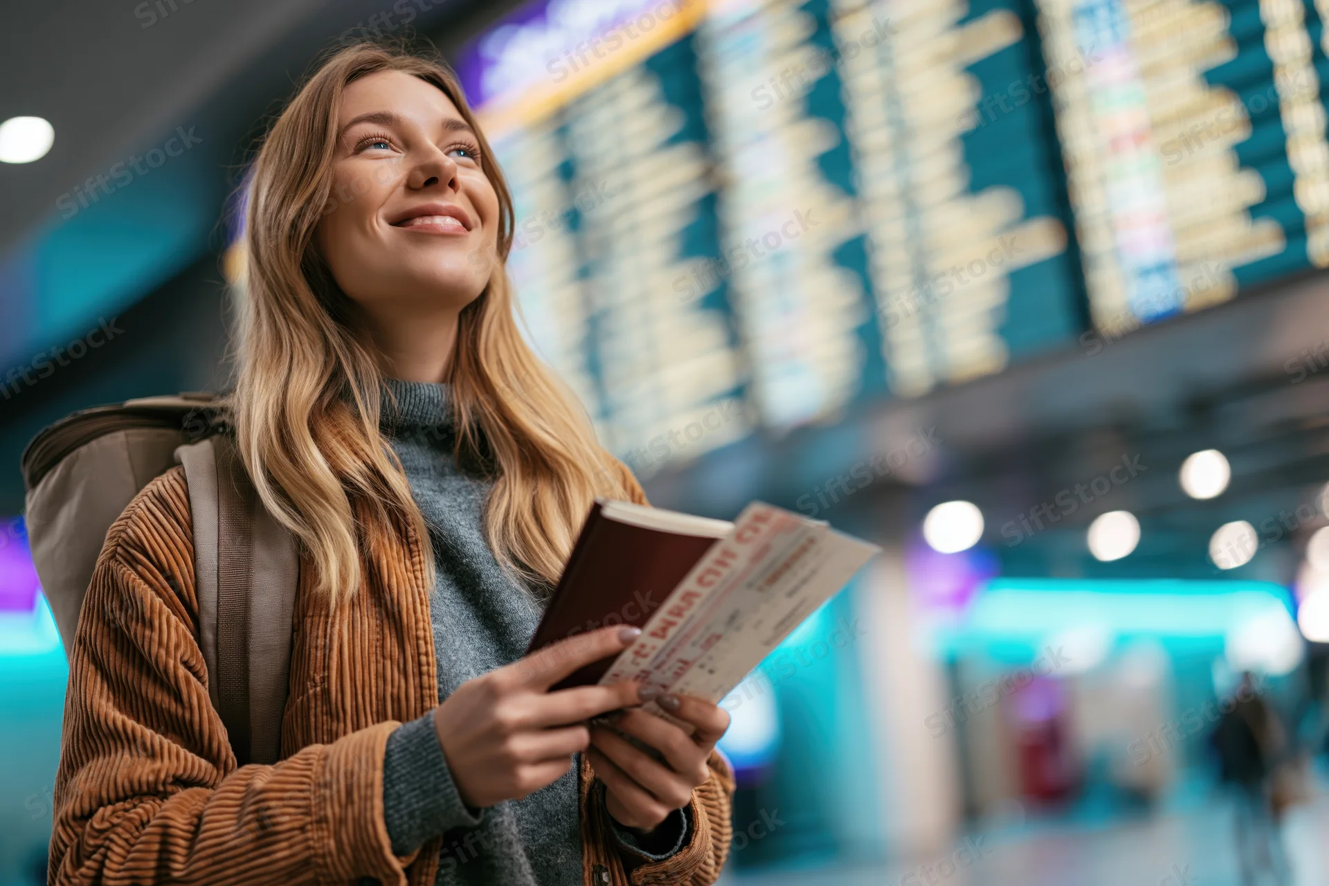 Smiling woman traveler holding passport and boarding pass at airport terminal