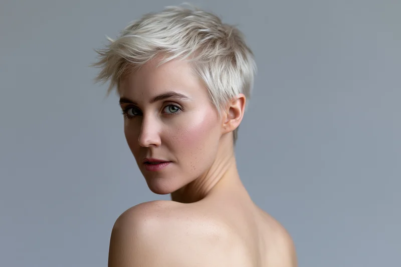 Woman with tousled platinum blonde pixie cut looking over shoulder in studio portrait