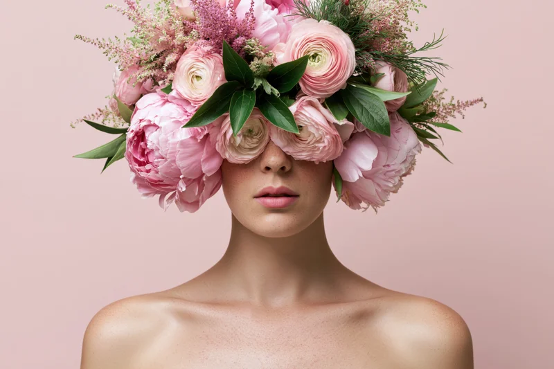 Woman with floral bouquet covering her head and eyes, bare shoulders, soft pink background