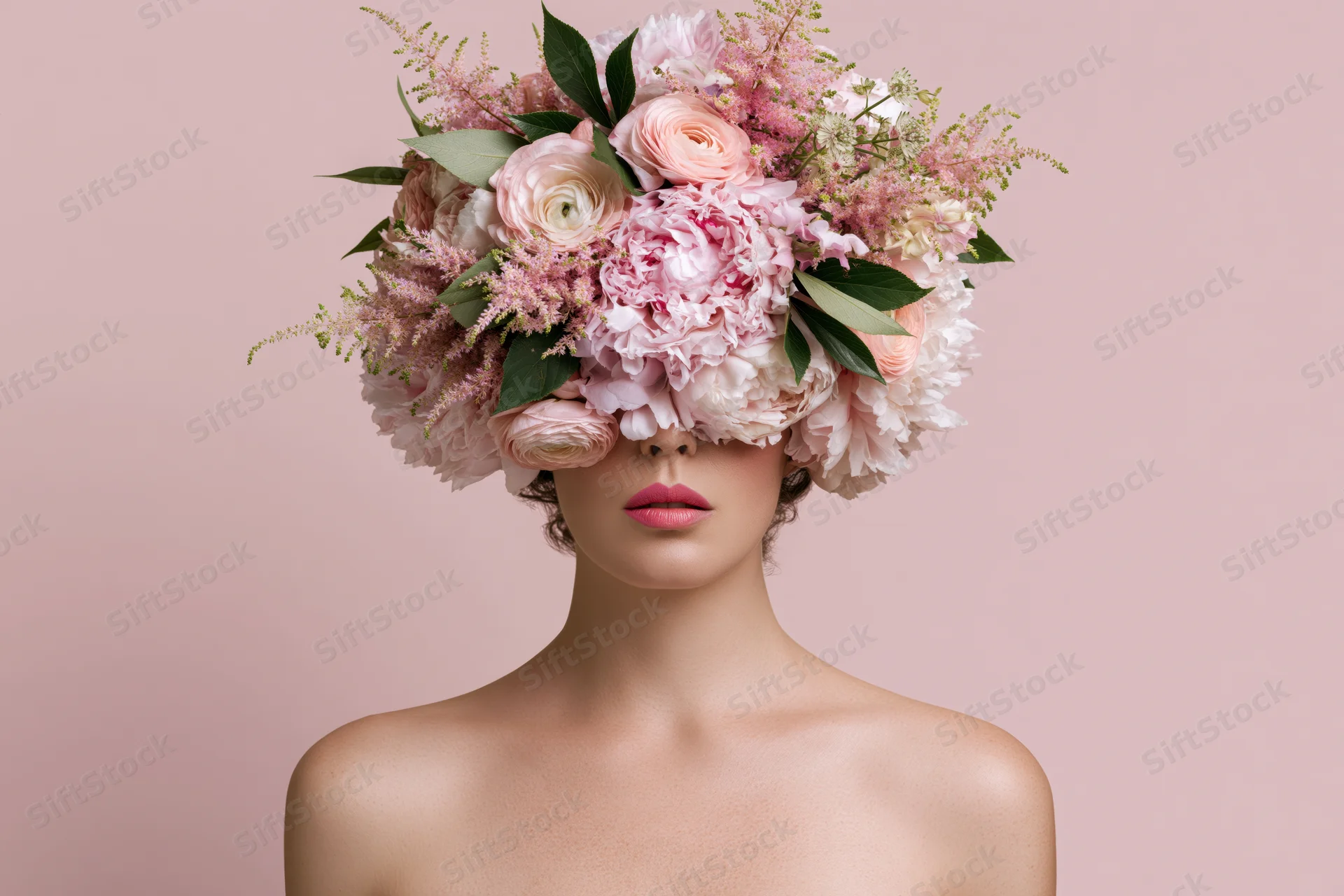 Woman with floral bouquet covering her head and eyes, bare shoulders, studio portrait