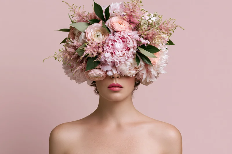 Woman with floral bouquet covering her head and eyes, bare shoulders, studio portrait