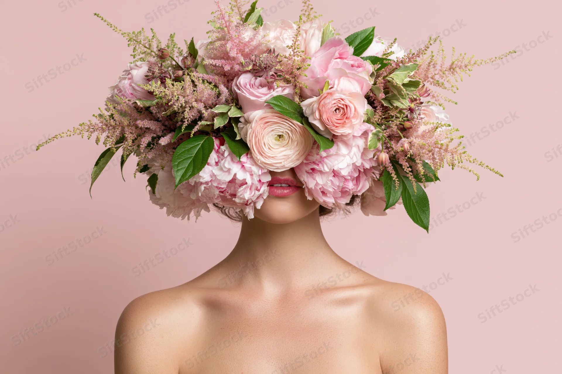 Woman with floral bouquet covering her head and eyes, bare shoulders, pink background