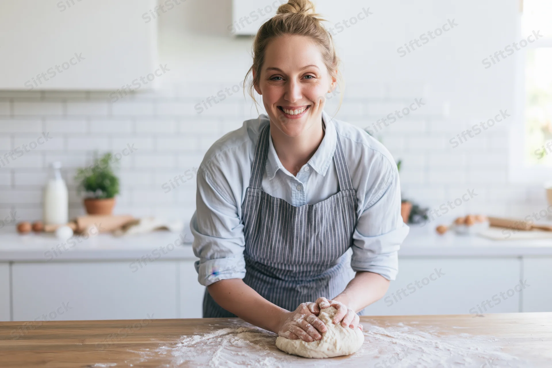 Woman smiling while kneading dough on a floured wooden countertop in a bright kitchen