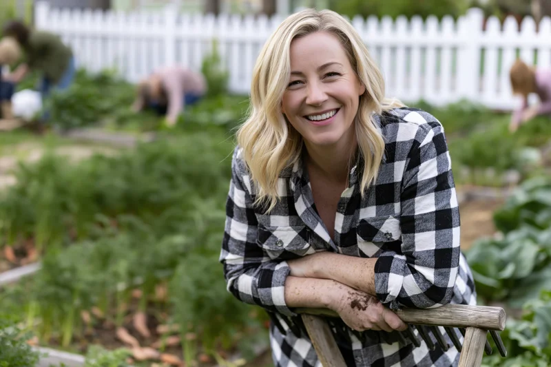 Woman smiling while leaning on a rake in a community garden with others gardening in the background
