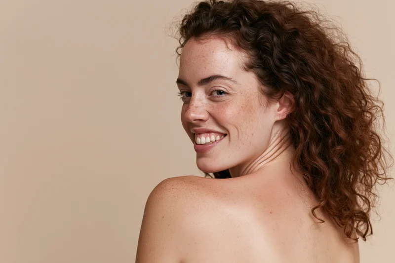 Young woman with curly brown hair smiling over her bare shoulder in studio portrait