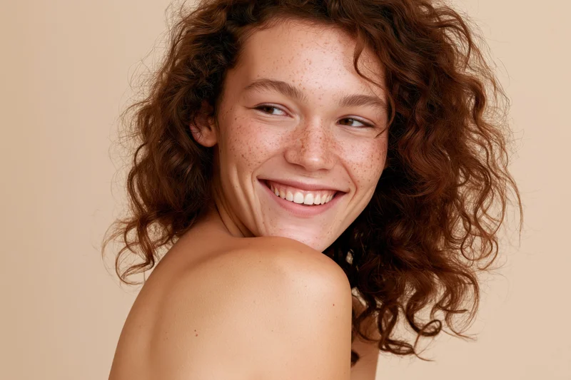 Young woman with curly brown hair smiling over her bare shoulder in studio portrait