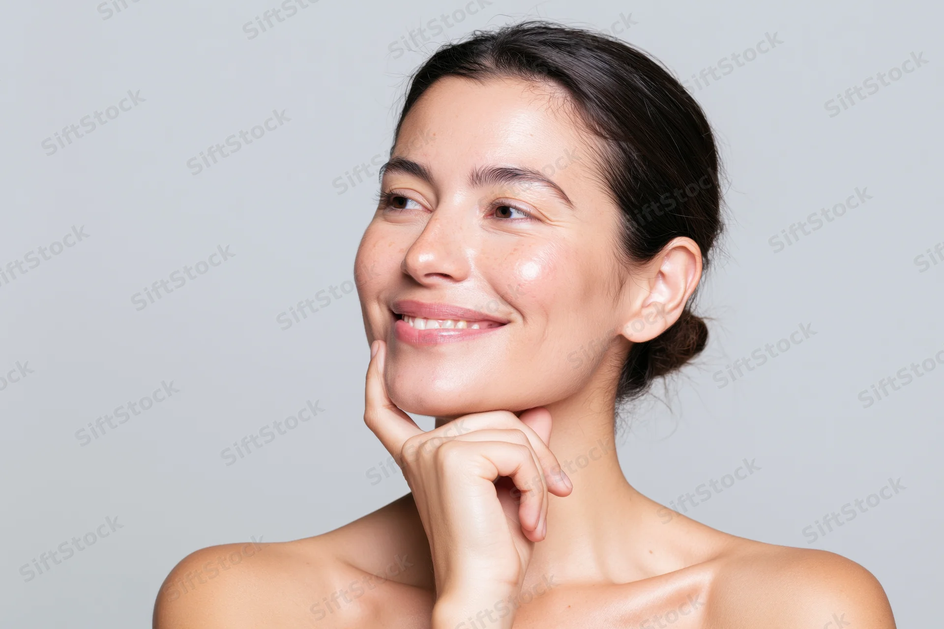 Woman smiling with hand on chin against light gray background