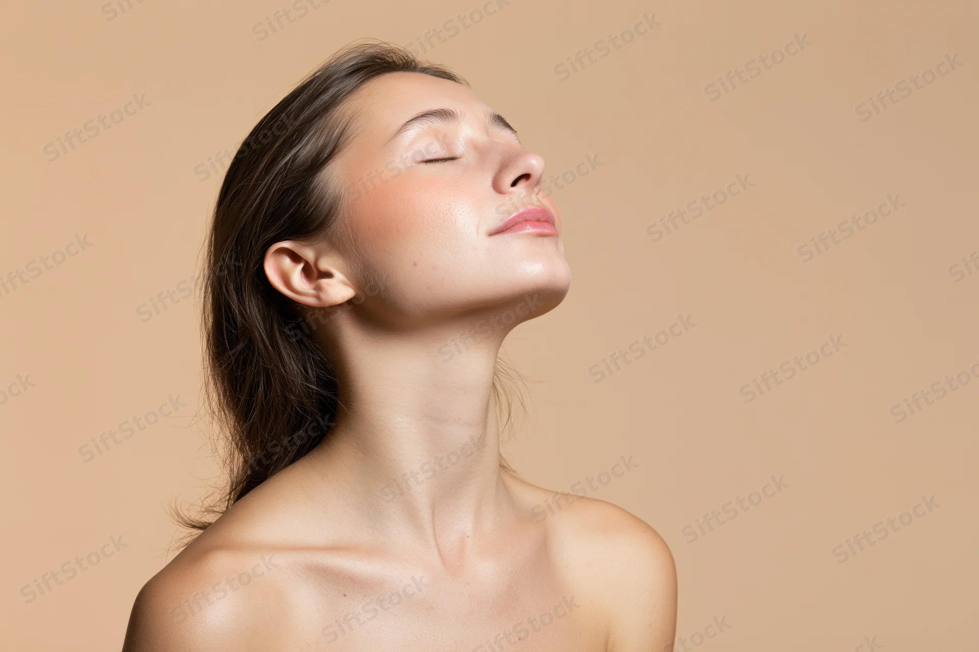 Young woman with eyes closed and chin lifted in serene pose against beige background