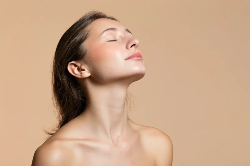 Young woman with eyes closed and chin lifted in serene pose against beige background