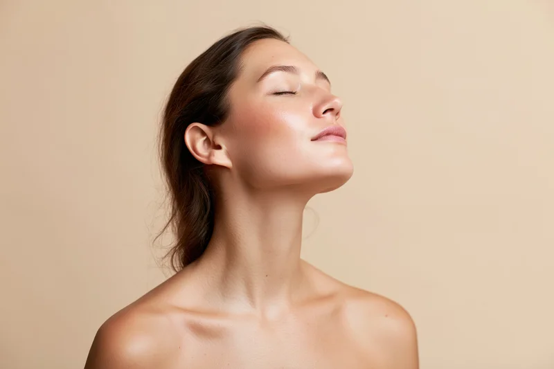Young woman with eyes closed and chin lifted in serene profile against neutral background