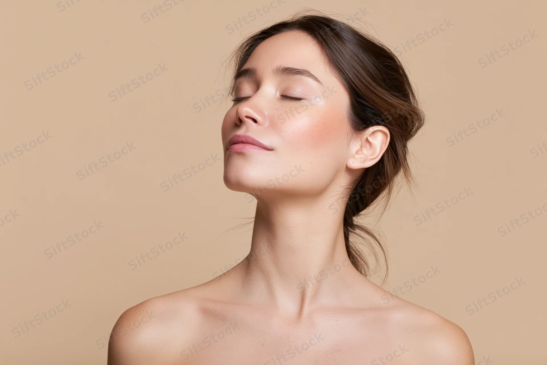 Young woman with eyes closed and chin lifted in serene pose against beige background