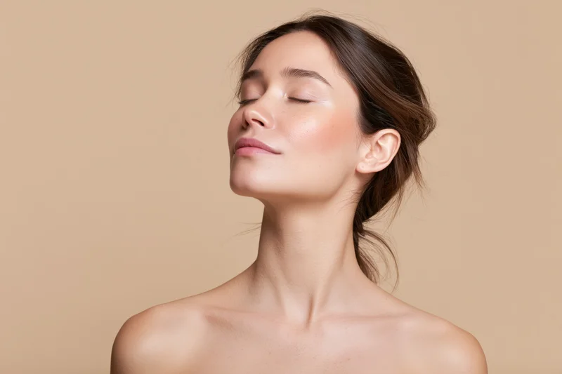 Young woman with eyes closed and chin lifted in serene pose against beige background