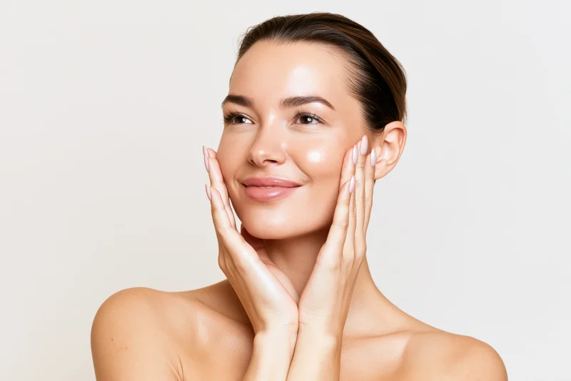 Woman gently touching her cheeks with hands, skin glowing, studio shot
