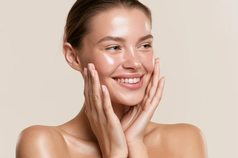 Young woman smiling with hands gently touching her cheeks in studio portrait