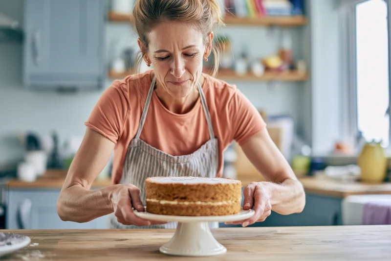 Woman assembling layered sponge cake on cake stand in kitchen