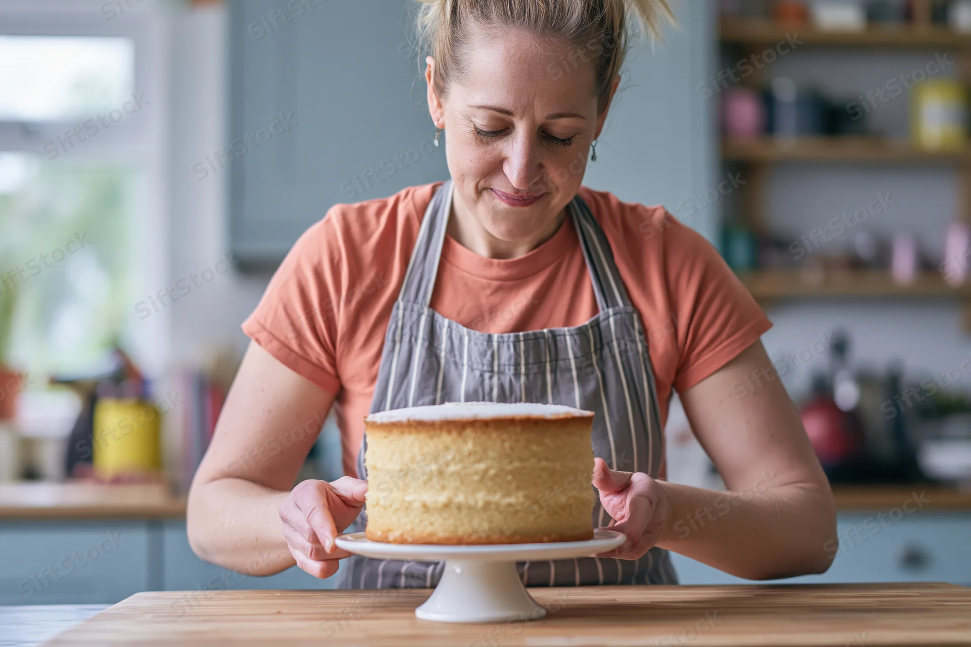 Woman holding a sponge cake on a cake stand in a kitchen