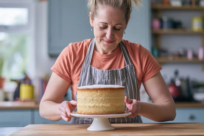 Woman holding a sponge cake on a cake stand in a kitchen