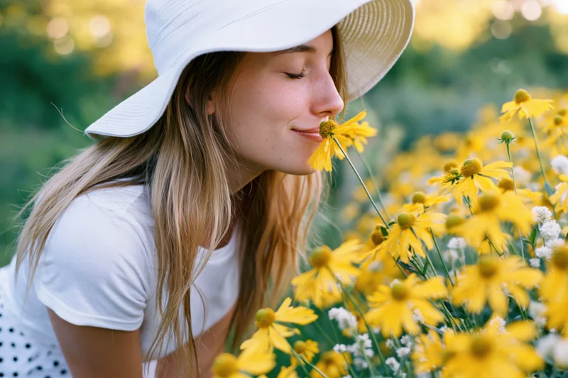 Young woman in white hat smelling yellow daisies in a sunlit field
