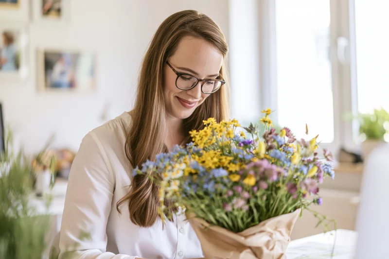 Woman smiling down at a colorful bouquet of wildflowers on her desk