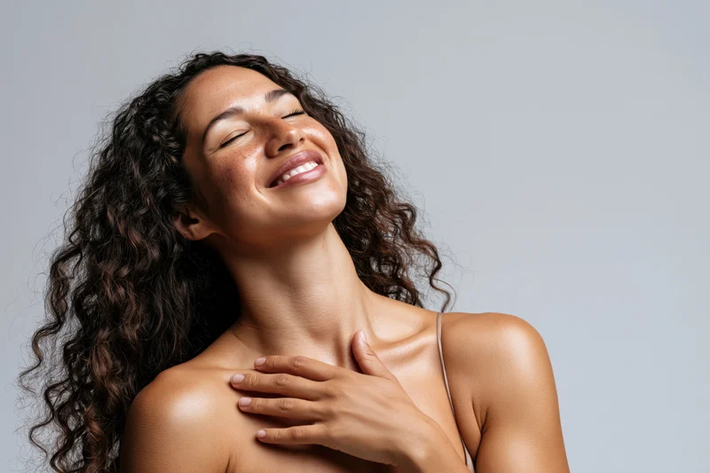 Young woman smiling with eyes closed, hand on chest, in studio setting