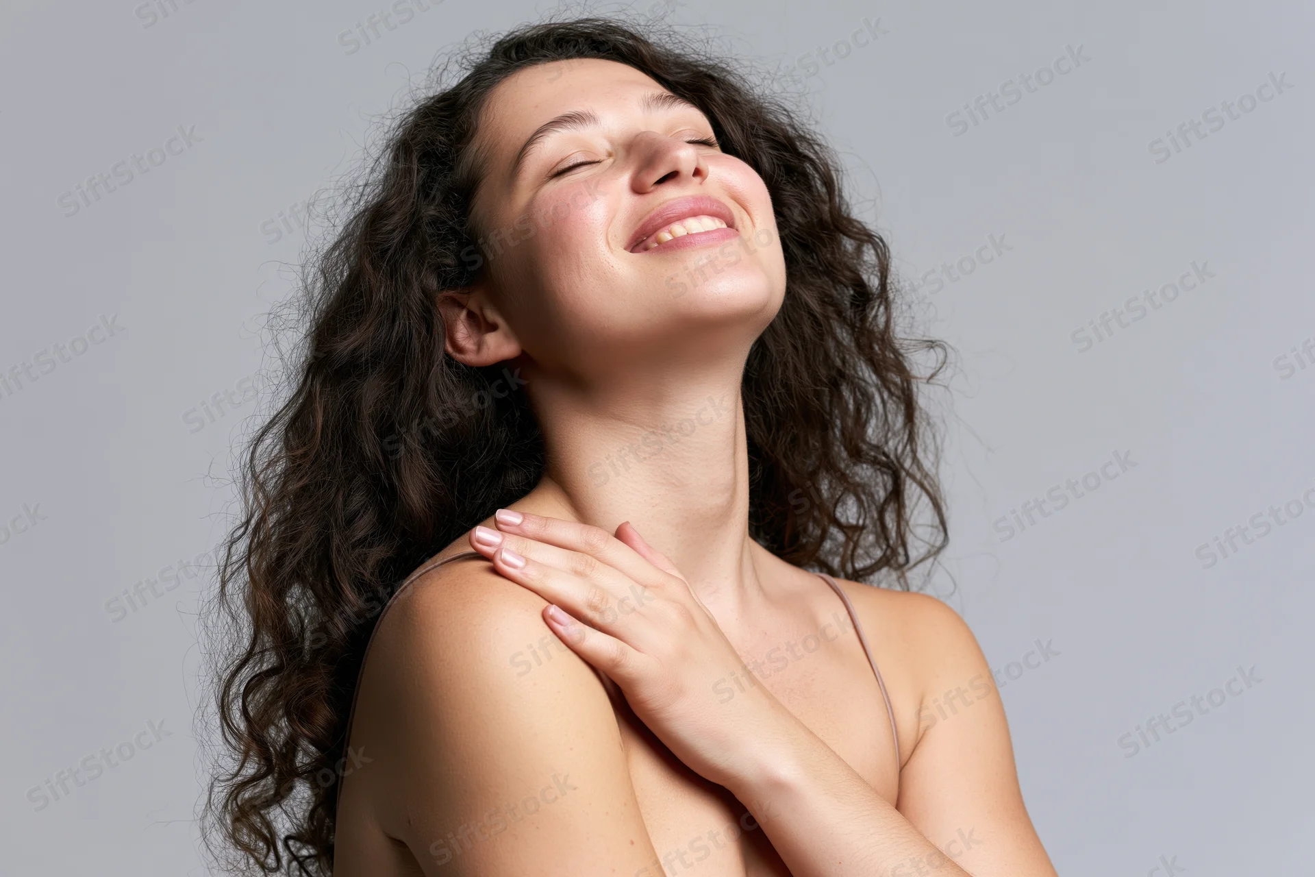 Young woman smiling with eyes closed, hand on shoulder, in studio setting