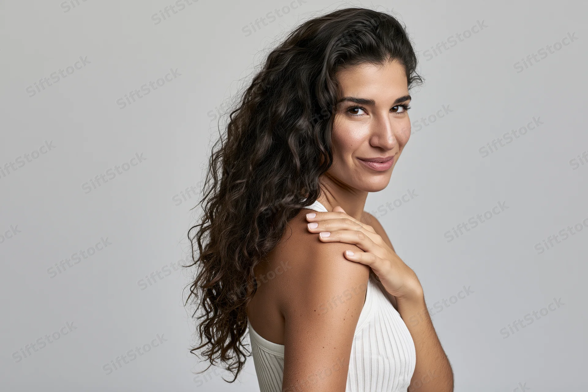 Young woman with long dark curly hair smiling over her shoulder in studio portrait