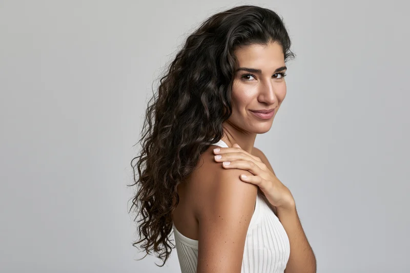 Young woman with long dark curly hair smiling over her shoulder in studio portrait