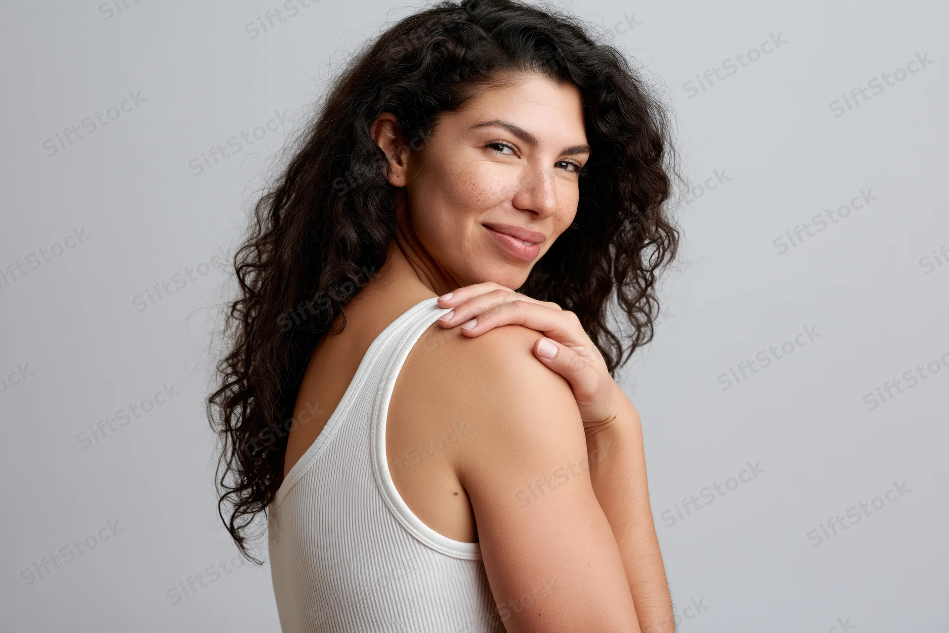 Young woman with long dark curly hair smiling over her shoulder in studio portrait wearing white ribbed tank top