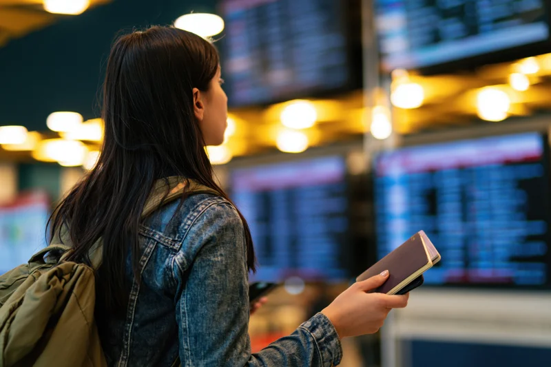 Woman with backpack holding passport and looking at flight schedule display in airport terminal
