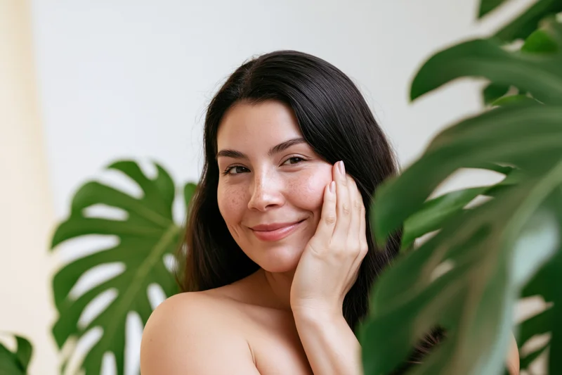 Woman smiling with hand on cheek surrounded by monstera leaves indoors