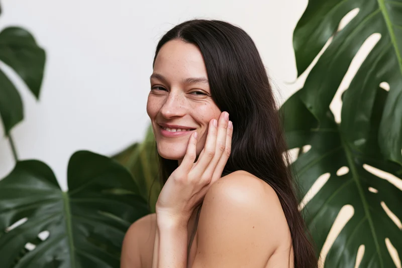 Woman smiling with hand on cheek surrounded by monstera leaves indoors