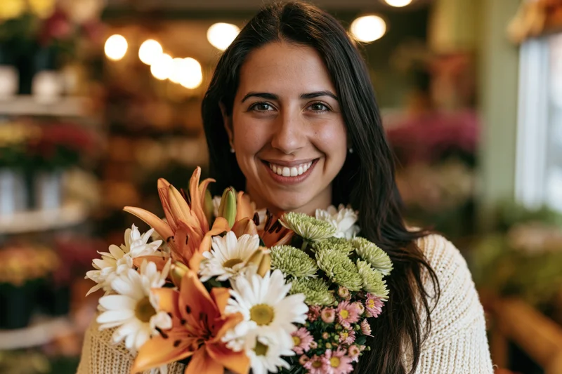 Woman smiling while holding a colorful bouquet of flowers in a flower shop interior